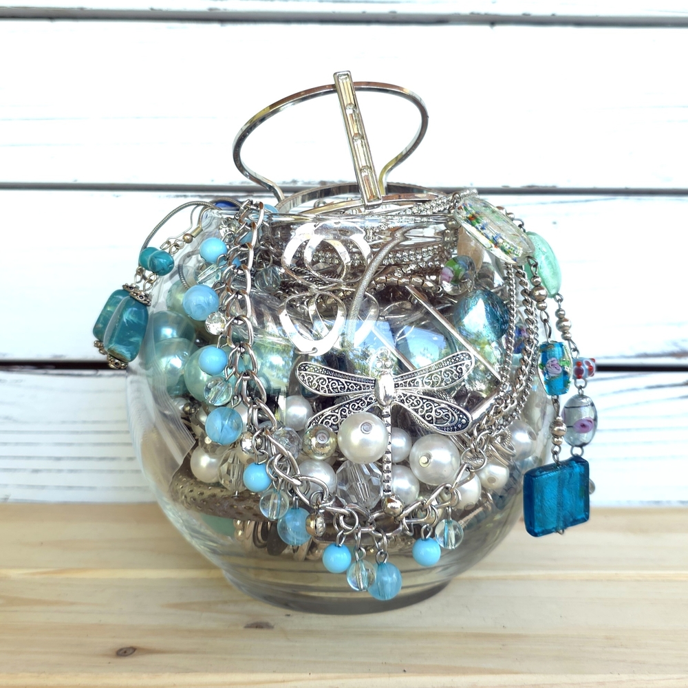 Silver & Blue Curated Mystery Jewelry Jar 2lb 12oz Vintage-Modern Wearable 6b